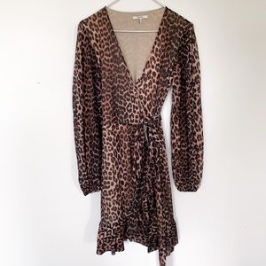 Ganni Leopard Ruffled Wrap Dress w/ Poet Sleeves